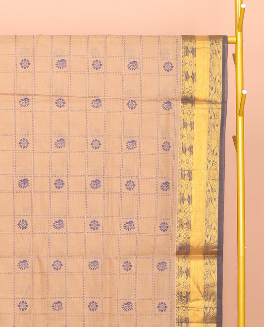 Sandal Venkatagiri Cotton Saree, Adorned with Butta Enclosed Checks, a Traditional Zari Border, a Floral-Print Pallu, and No Blouse