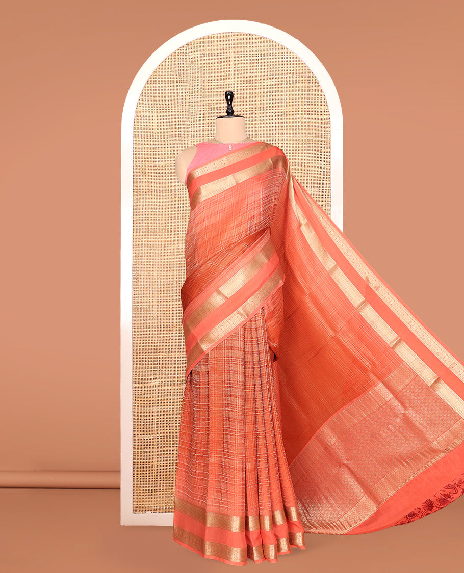 Orange Checked Mysore Silk Saree, Highlighted by a Traditional Zari Border, Grand Pallu, and a Matching Blouse