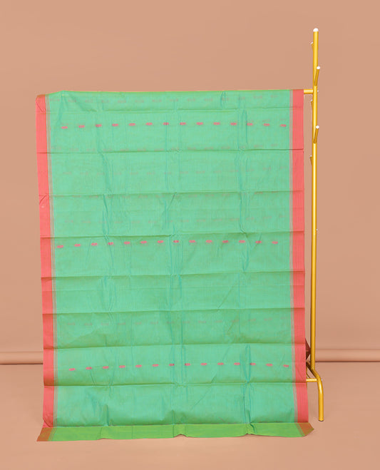 Green Kanchi Cotton Saree, Ornamented with Buttas All Over Its Body, Complemented by a Contrast Border, Pallu of Geometric Designs, and Paired with a Matching Blouse