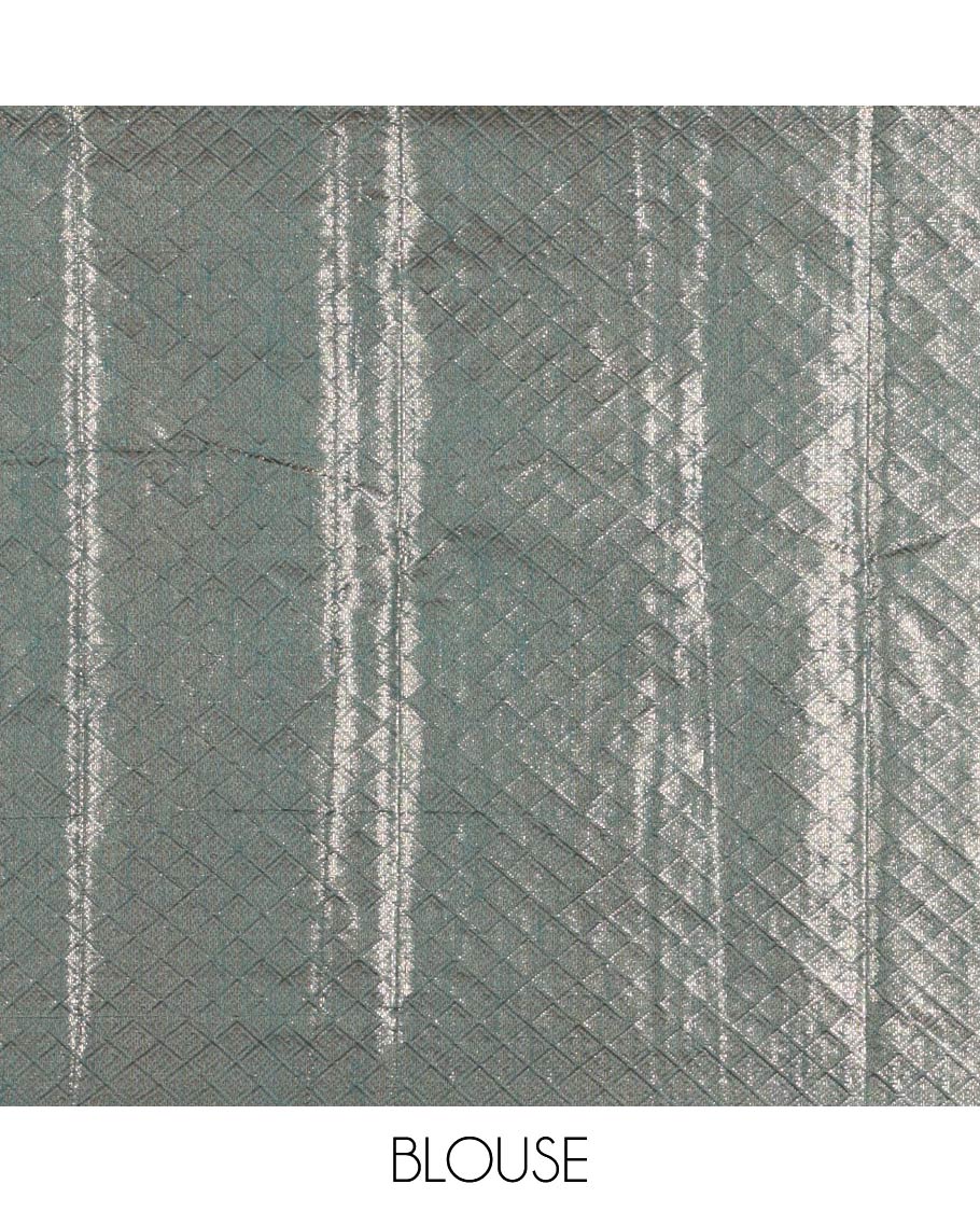 Borderless Green Fancy Matka Silk Saree, Elevated with Gleaming Zari Weave and Leaf Jacquard Designs, Rich Pallu of Chevron Stripes, and Paired with a Matching Jacquard Blouse