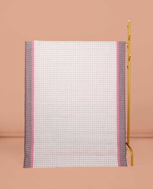 Off-white Checked Chirala Cotton Saree, a Contrast Border, Striped Pallu, and a Contrast Blouse