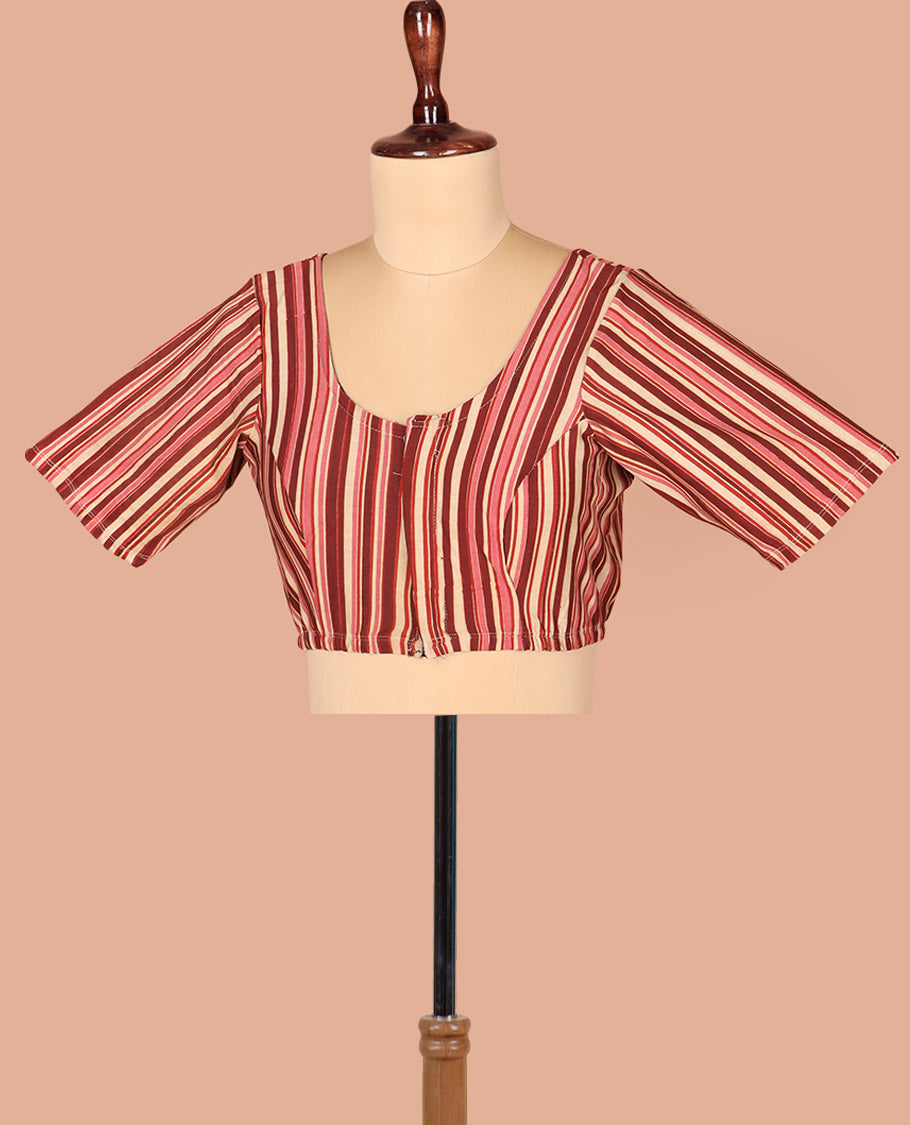 Multi-Color Readymade Blouse Subtly Sparkled with Stripes Print, Featuring Front Round Neck, Back Round Neck, and Elbow Sleeves
