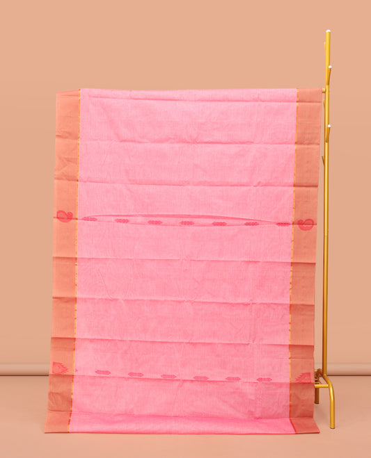 Pink Kanchi Cotton Saree, Adorned with Buttas, Contrast Paisley and Temple Design Border, Pallu of Floral and Peacock Design, and a Matching Blouse