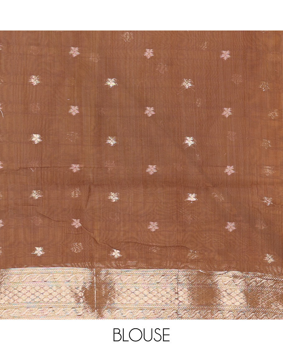 Peach zig-zag style ikkat design with buttas Munga cotton saree, zari jacquard blouse, ogee patterned pallu, and a contrast border of thread and zari buttas