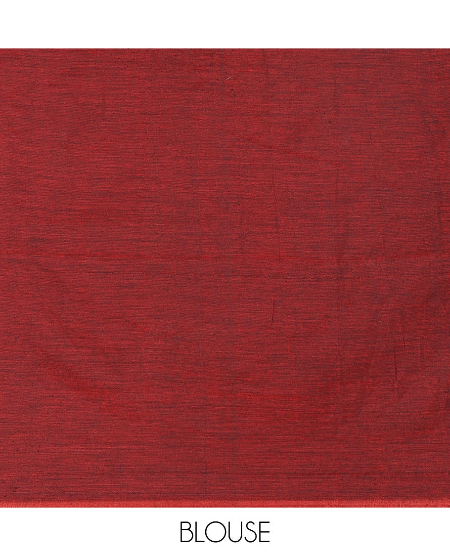 Black and Red Khadi Mul Cotton Saree, Prettified with Double-Color Half-And-Half-Style Jamki Work, Complemented by Contrast Zari Border, and Paired with a Matching Blouse