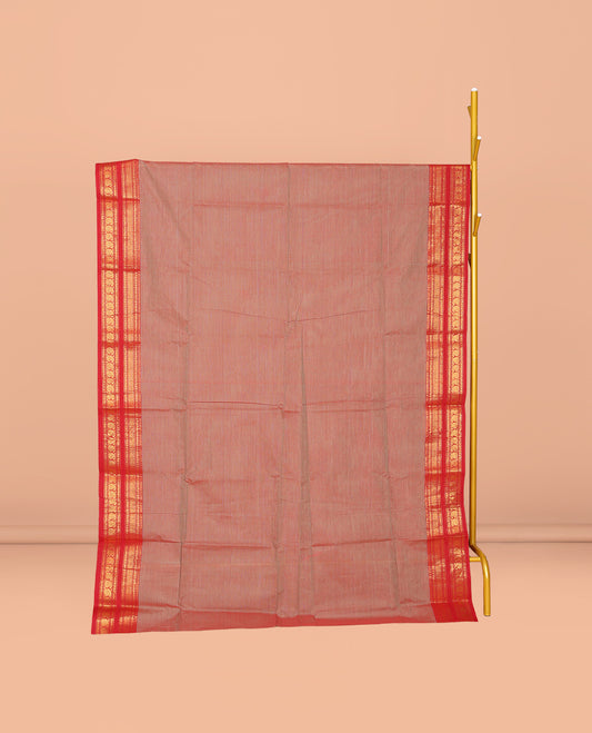 Brown Plain Chettinad Cotton Saree, Complemented by Contrast Traditional Zari Design Varisai Pettu Border, Striped Pallu, and Paired with Matching Blouse
