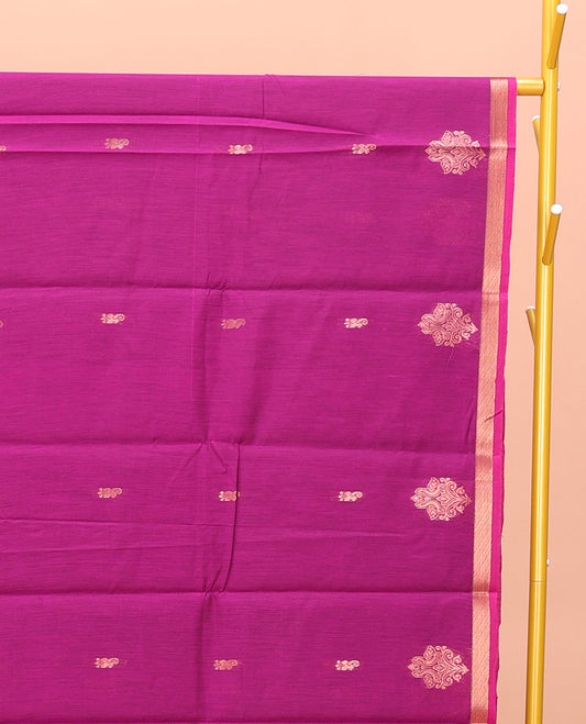 Rani Pink Semi-Silk Cotton Saree, Gleamed Up with Zari Buttas All Over Its Body, Highlighted by a Zari Piping Border, Complemented by a Contrast Pallu of Butta Enclosed Checked Design, and Paired with a Contrast Blouse