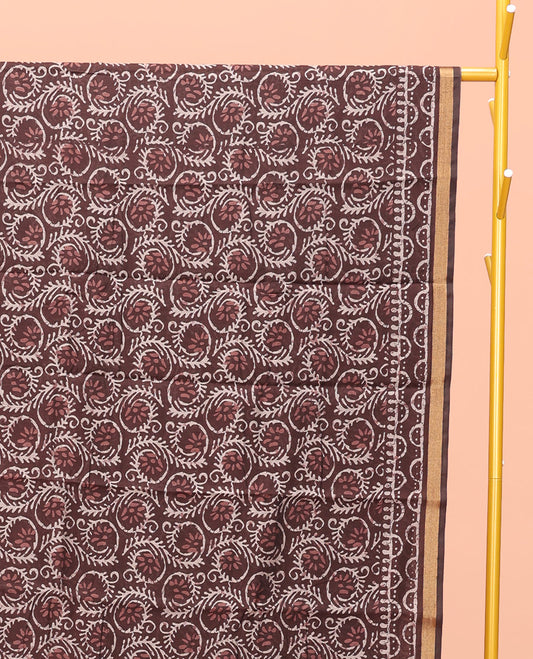 Brown Kanchi Cotton Saree, Decked Up with Floral Print All Over Its Body, a Subtle Self-Border, Pallu of Block Printed Geometric Designs, and Paired with a Contrast Blouse