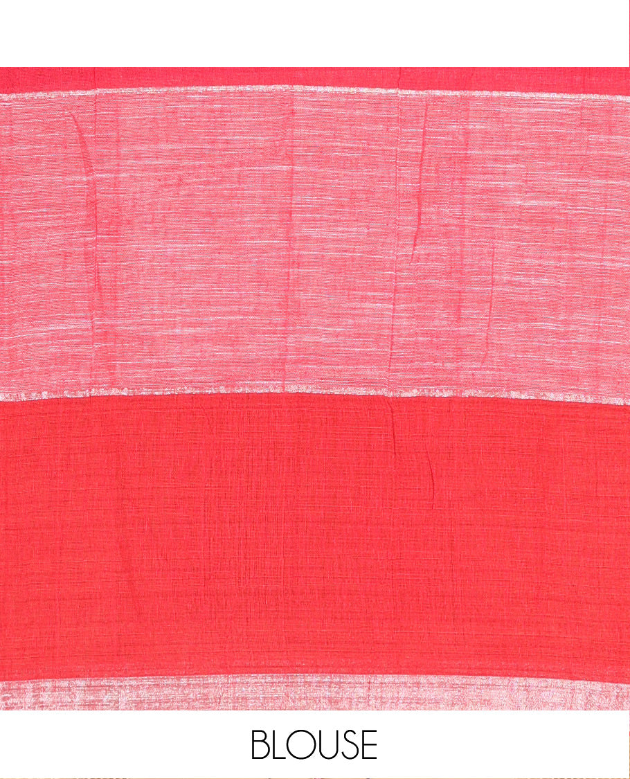 Red and Pink Zari Checked Khadi Linen Saree, Subtly Woven Silver Zari Piping Border, Checked Self-Pallu, and Paired with a Matching Blouse