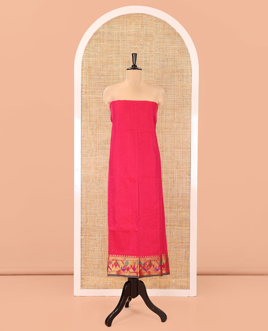 Pink Mercerised Cotton Material Chudidar Set, Accentuated with Paithani Bordered Top, a Mercerised Cotton Bottom, and Paired with a Matching Mercerised Cotton Paithani Bordered Dupatta