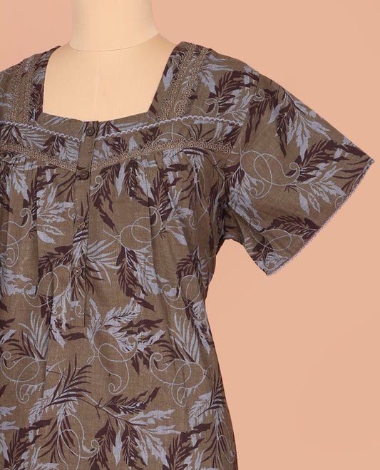 Brown Cotton Nighty Subtly Sparkled with Floral Print, Featuring Lace Work, Square Front Neck, and Half  Sleeves