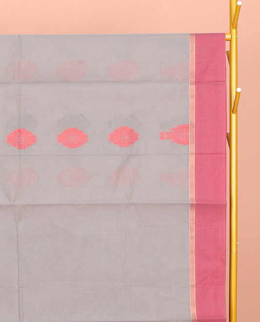 Grey Coimbatore Cotton Saree, Decked Up with Buttas, a Contrast Temple Border, a Pallu of Intricate Design, and a Matching Blouse