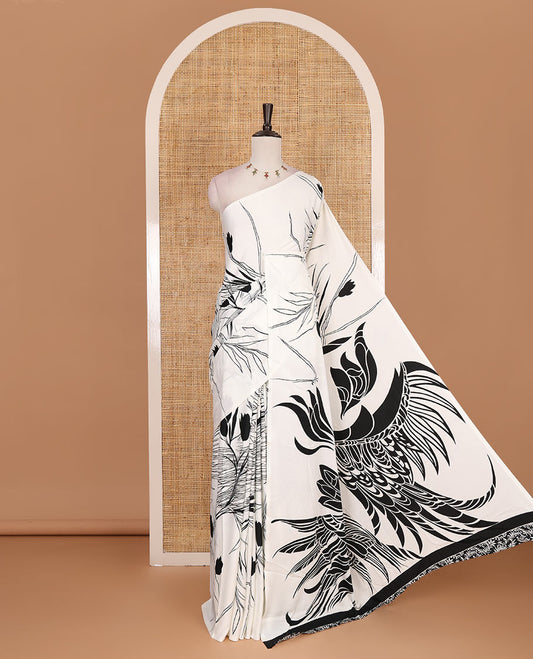 Borderless cream feather like floral motifs printed satin crepe saree, floral vine printed blouse