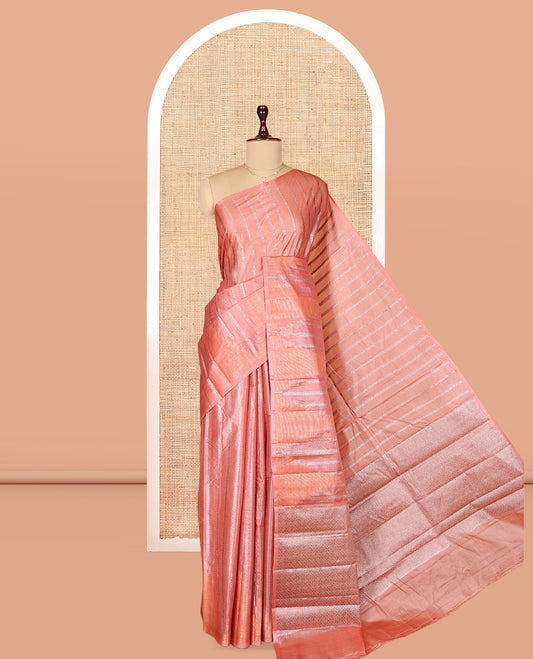 Borderless Peach Tusser Silk Saree, Embellished with Zari Stripes and Temple Design, a Grand Jaal Pallu, and a Matching Blouse