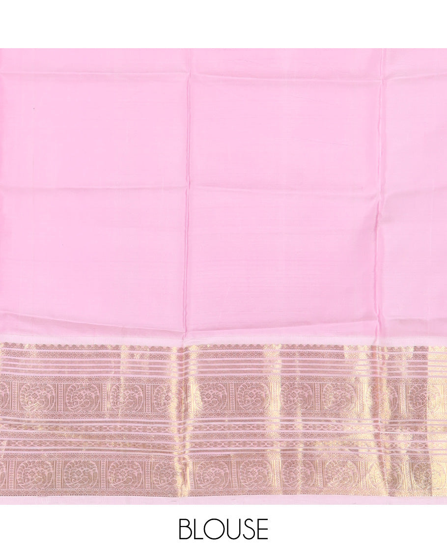 Rani pink zari buttas silk saree, contrast border of muthu, diamond, kathir, and mayil kann designs, and jaal pallu