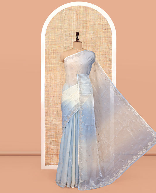 Blue and Cream Designer Saree, Richly Detailed with Stone Work On Its Body, Highlighted by Scallop Stone Work Border, and Paired with a Matching Blouse