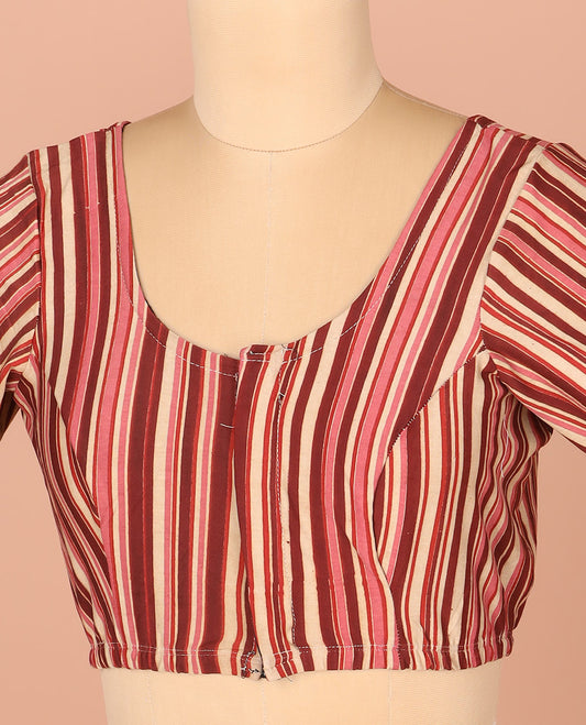 Multi-Color Readymade Blouse Subtly Sparkled with Stripes Print, Featuring Front Round Neck, Back Round Neck, and Elbow Sleeves