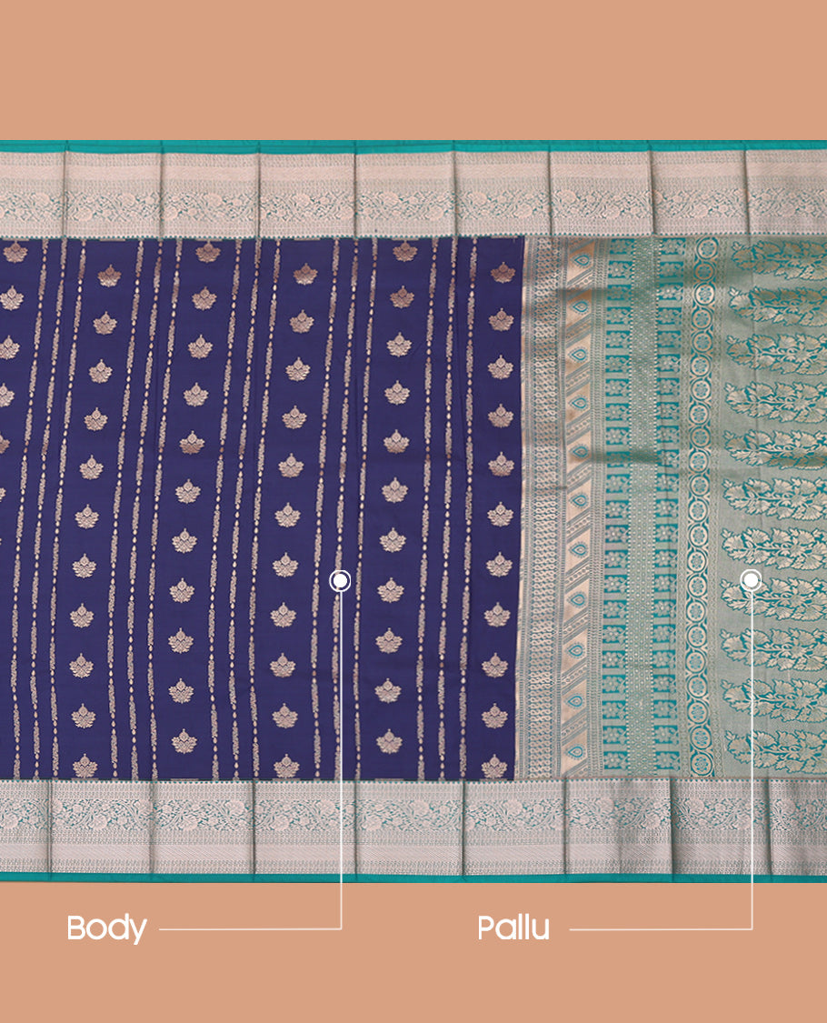 Navy Blue Budget Silk Saree, Spotlighted with Zari Stripes, Complemented by Contrast Traditional Zari Border, an Intricate Pallu and a Contrast Blouse