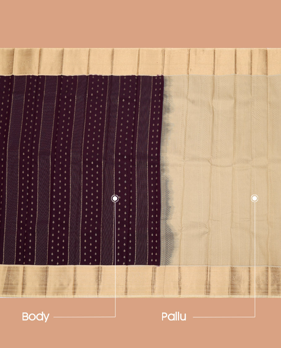 Brown Budget Silk Saree, Steeped in Richness of Zari Buttas, Complemented by a Contrast Traditional Zari Border, Sparsely Woven Pallu, and Contrast Blouse