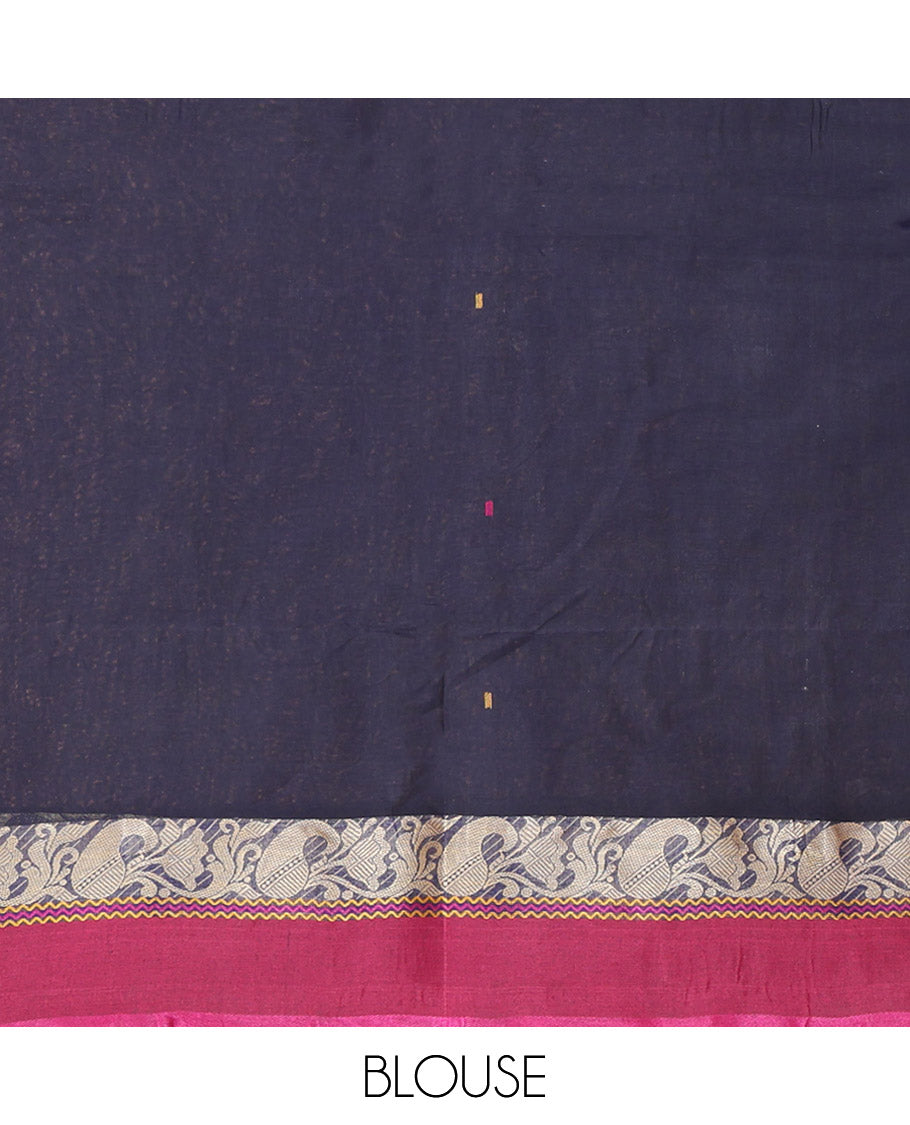 Blue Bengal Cotton Saree, Subtly Sparkled with Buttas, a Contrast Floral-Paisley Border, Pallu of Stripes and Buttas, and a Matching Blouse