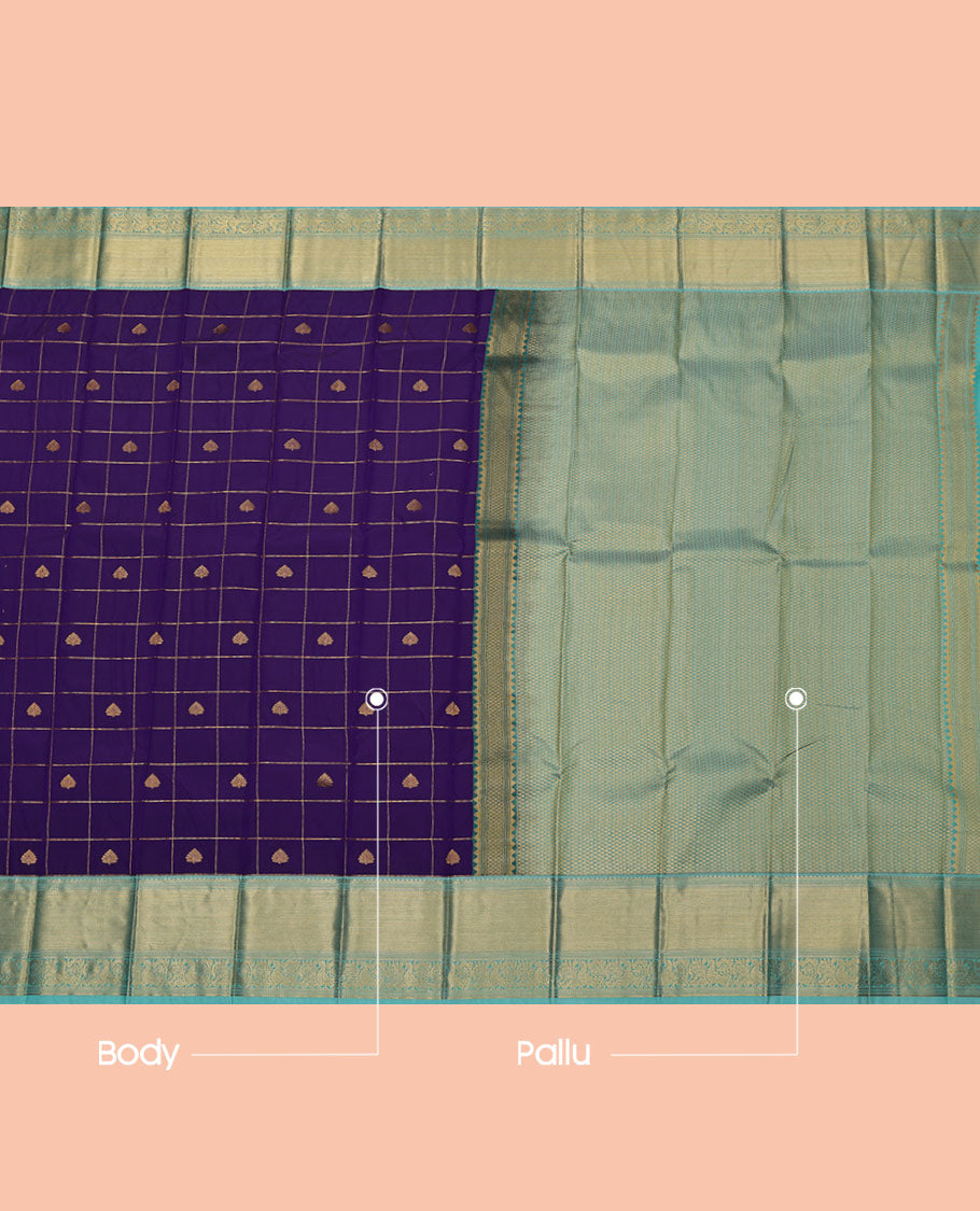 Violet Budget Silk Saree, Detailed with Zari Butta Enclosed Checks All Over Its Body, Complemented by a Contrast Traditional Zari Design Border, Grand Pallu, and Paired with a Contrast Blouse