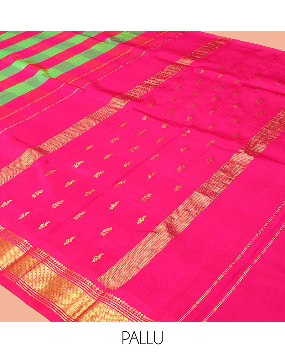 Multi-Color Checked Kanchipuram Silk Saree Features a One-Sided Zari Border of Paneer Sombu, Banaras, Muthu, and Mayil Kann Designs, Zari Design Pallu, and No Blouse