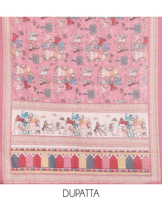 Pink Material Churidar Set, Sparsely Woven with Buttas and Pichwai Cow Printed Semi-Linen Top, Comes with a Contrast Plain Santoon Bottom, Santoon Dupatta of Unique Pichwai and Human Figurines Print