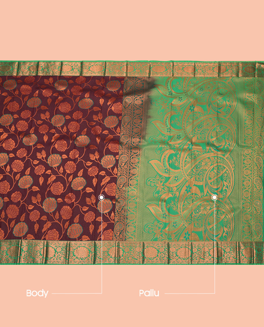 Brown Budget Silk Saree, Beautified with Jacquard Design, Complemented by a Contrast Floral Creeper Zari Border, Grand Pallu, and Contrast Blouse