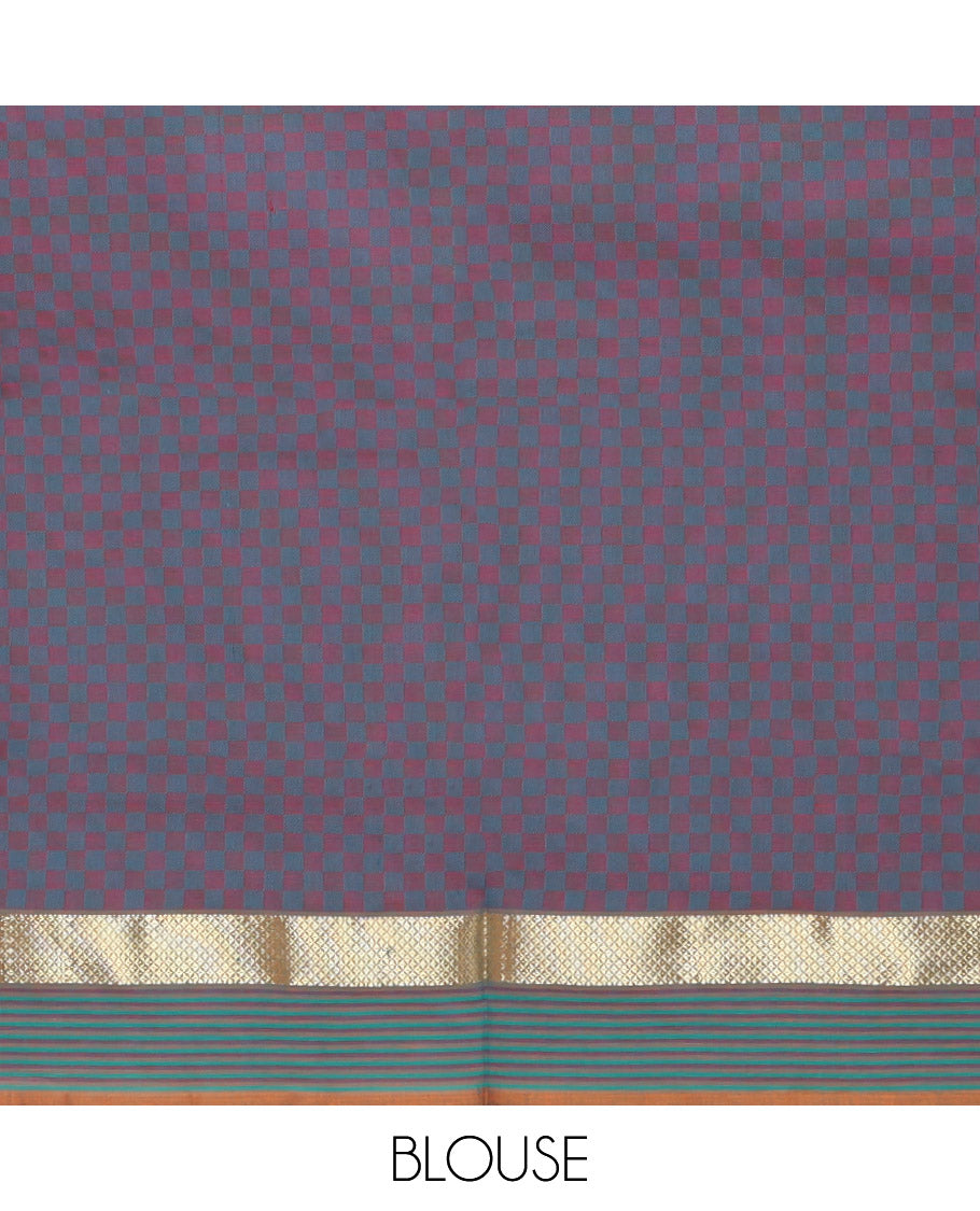 Pale Peach Checked Poly Cotton Saree, Complemented by a Contrast Zari Border, Contrast Striped Pallu, and Paired with a Contrast Blouse