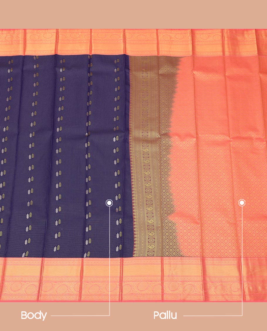 Blue Budget Silk Saree, Beautifully Bedecked with Zari Buttas All Over Its Body, Complemented by a Contrast Traditional Zari Border of Floral Creeper Designs, Grand Jaal Pallu, and Paired with a Contrast Blouse