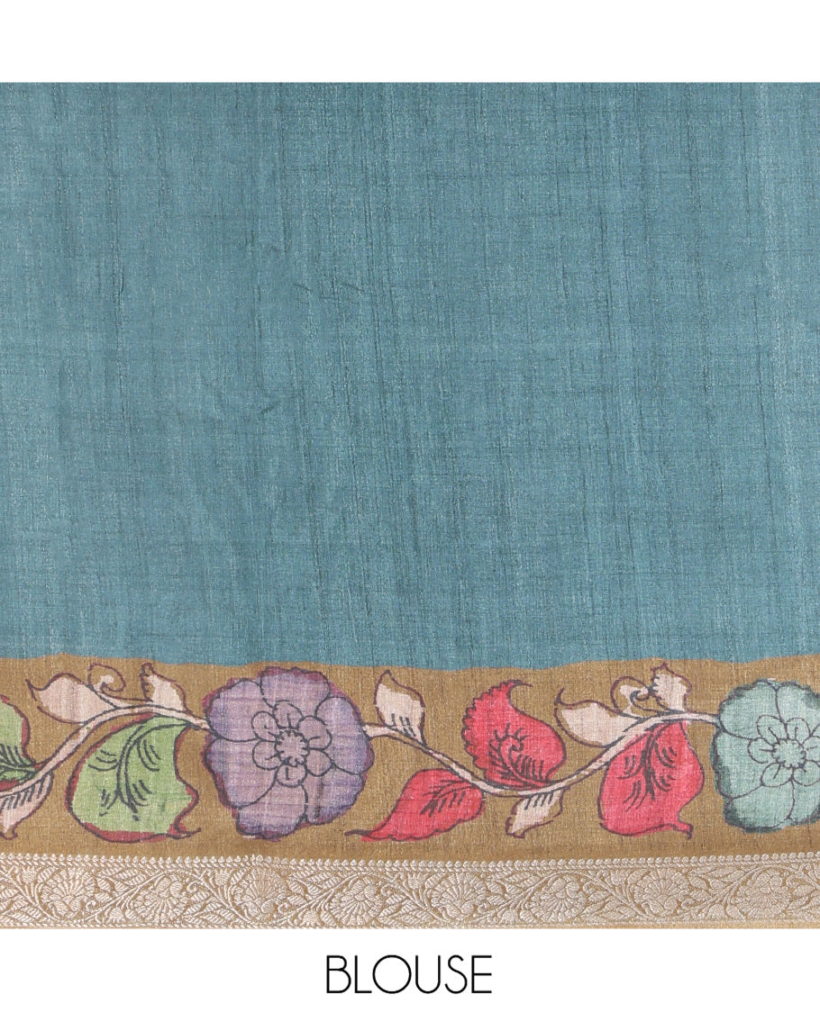Sandal Kalamkari Printed Fancy Tussar Saree