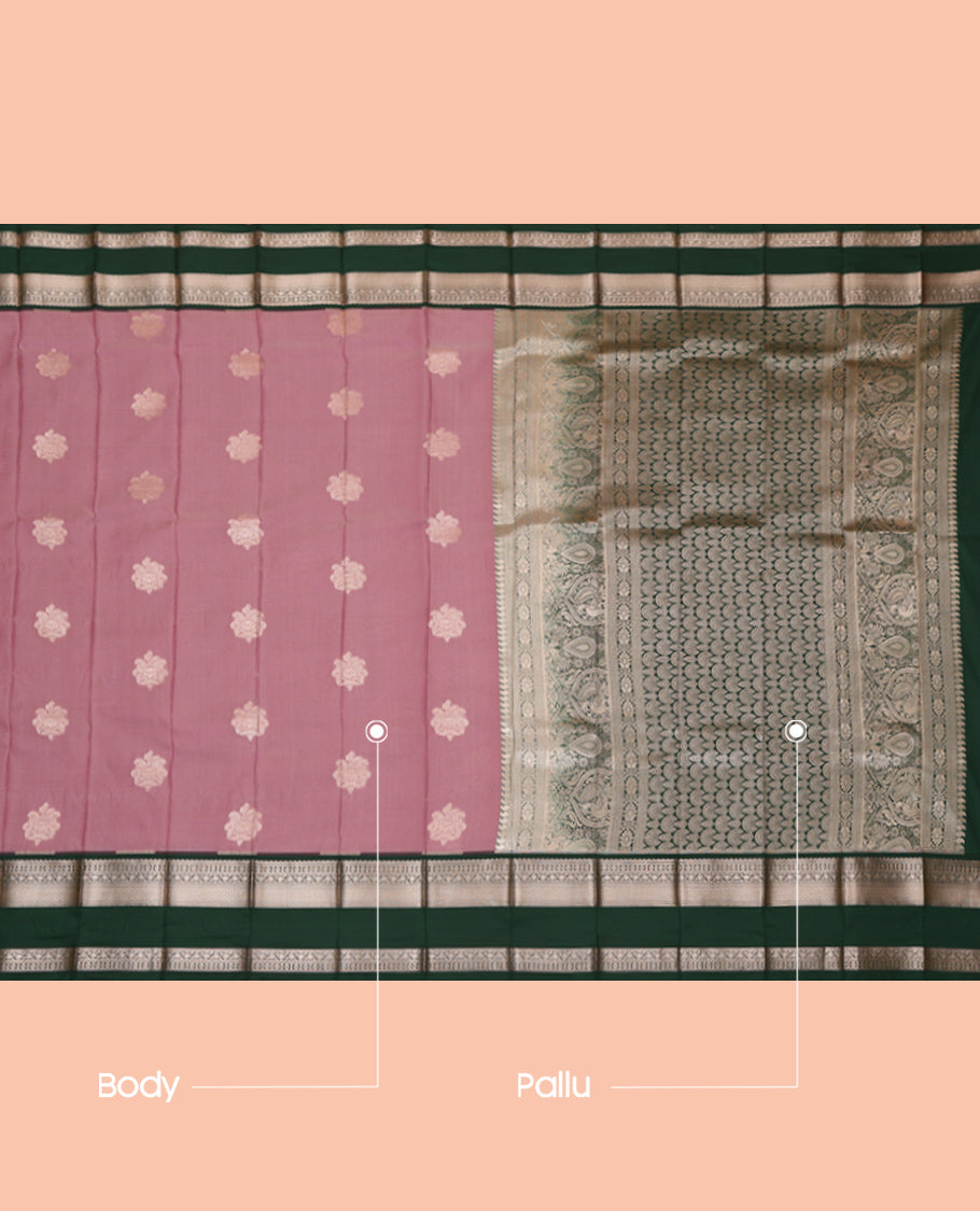Pink Budget Silk Saree, Detailed with Zari Buttas, Complemented by a Contrast Traditional Zari Rettai Pettu Border, Grand Pallu, and a Contrast Blouse