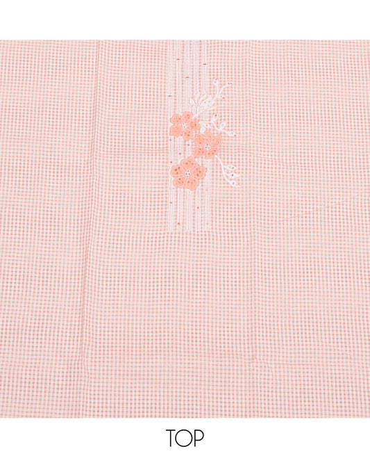 Pale Orange Cotton Material Churidar Set, Crafted with Checked and Floral Embroidery Top, Plain Bottom, and Floral Printed Dupatta