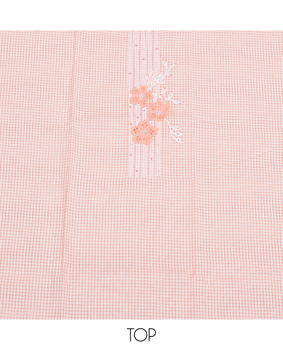 Pale Orange Cotton Material Churidar Set, Crafted with Checked and Floral Embroidery Top, Plain Bottom, and Floral Printed Dupatta