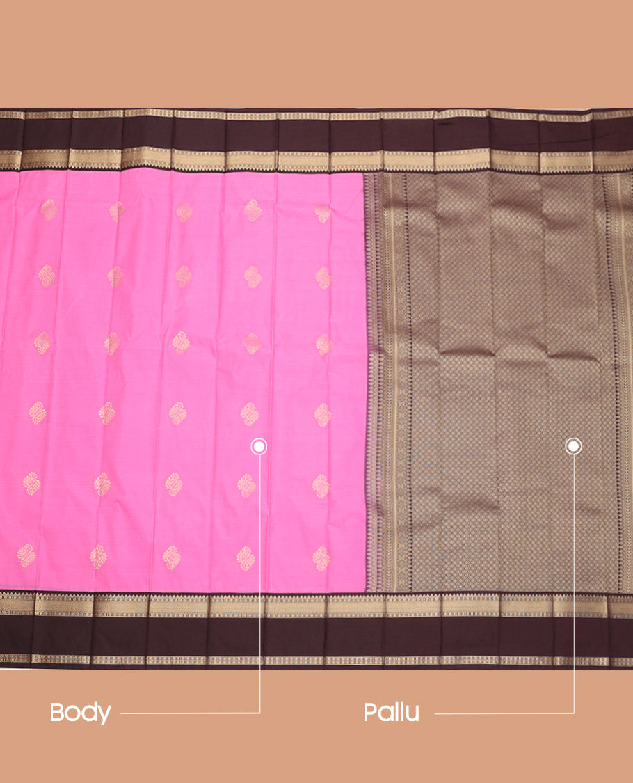 Pink Budget Silk Saree, Gracefully Embellished with Zari Buttas, Complemented by a Contrast Traditional Zari Rettai Pettu Border, Jaal Pallu, and a Contrast Blouse