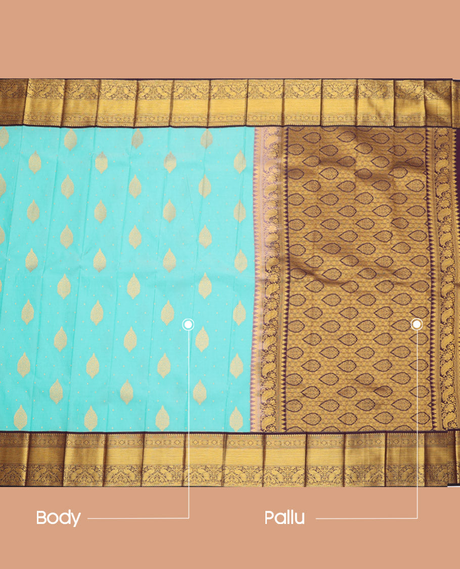 Turquoise Budget Silk Saree, Elevated with Zari Buttas, Complemented by a Contrast Traditional Border, Grand Pallu, and a Contrast Blouse