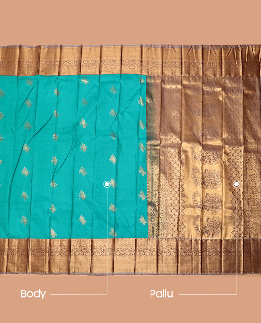 Turquoise Budget Silk Saree, Featuring Zari Buttas, Complemented by a Contrast Traditional Zari Border, Intricate Pallu, and a Contrast Blouse