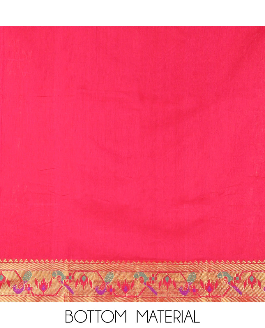 Pink Mercerised Cotton Material Chudidar Set, Accentuated with Paithani Bordered Top, a Mercerised Cotton Bottom, and Paired with a Matching Mercerised Cotton Paithani Bordered Dupatta