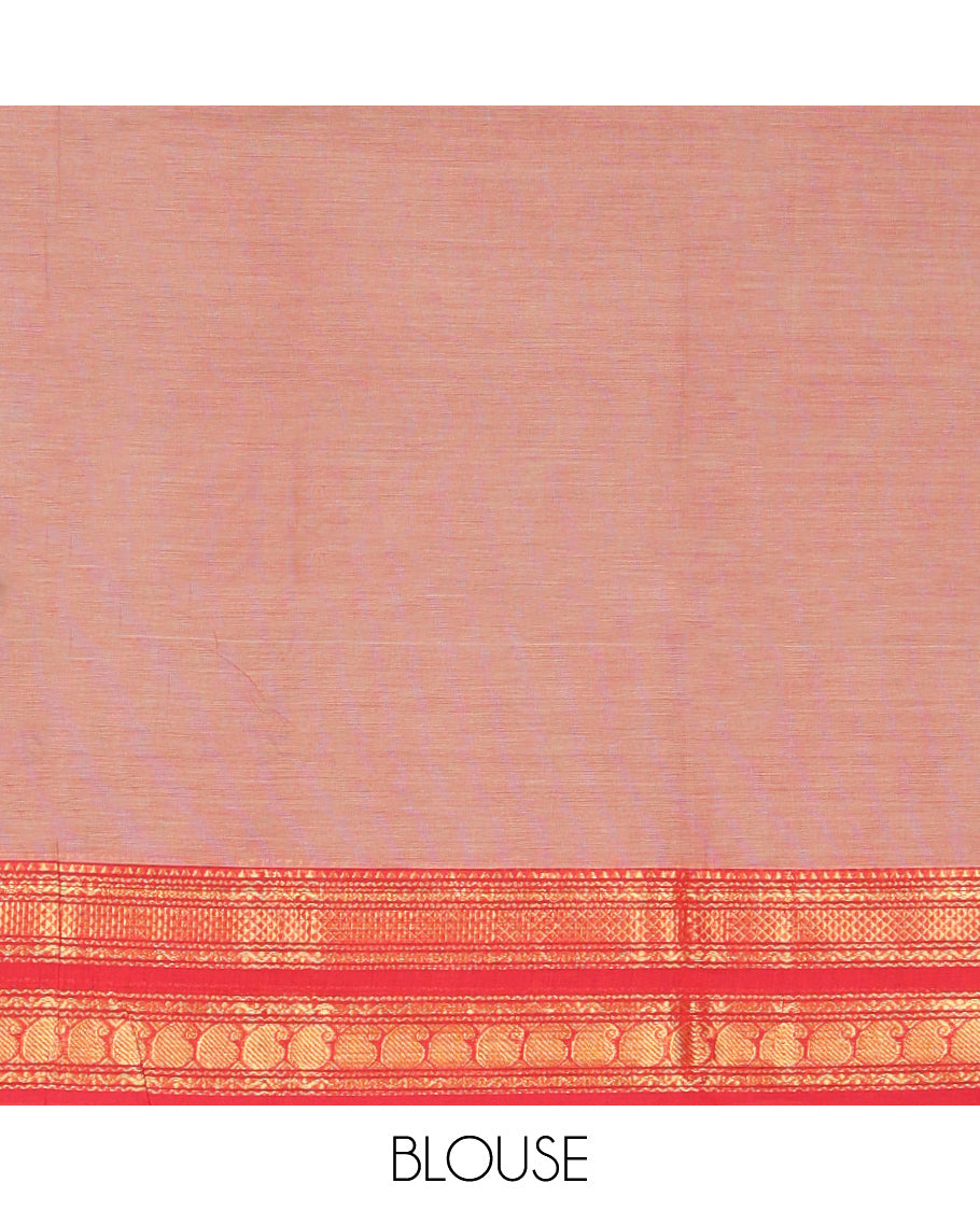 Brown Plain Chettinad Cotton Saree, Complemented by Contrast Traditional Zari Design Varisai Pettu Border, Striped Pallu, and Paired with Matching Blouse