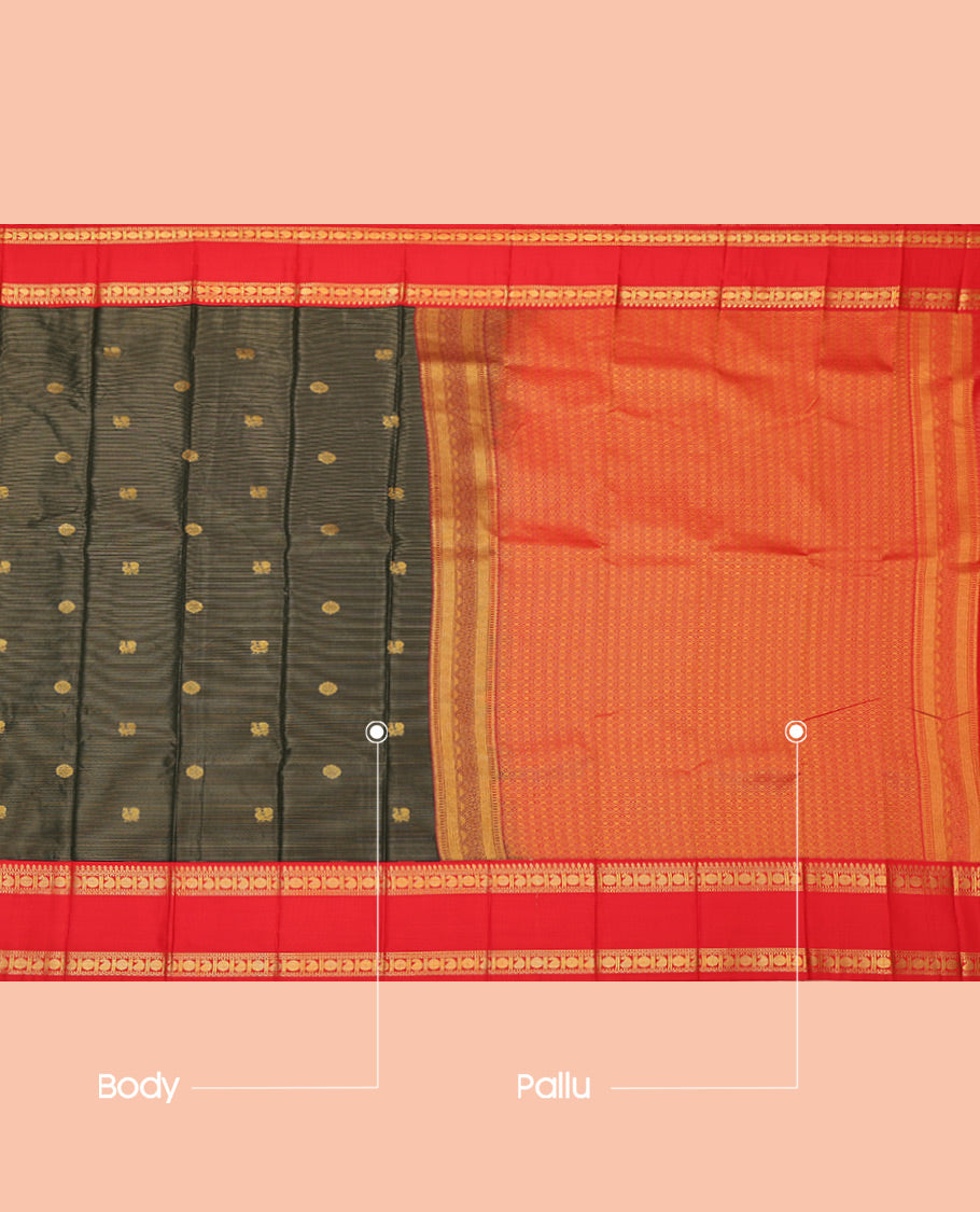 Dark Green Budget Silk Saree, Elegantly Framed with Zari Buttas and Stripes, Complemented by a Contrast Traditional Rettai Pettu Border, Grand Pallu, and a Contrast Blouse