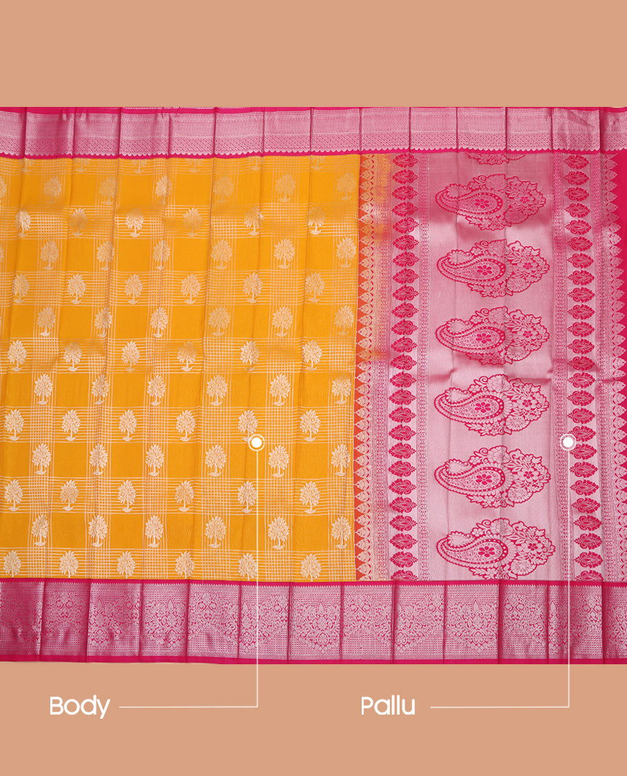 Yellow Budget Silk Saree, Beautified with Zari Butta Enclosed Checks On Its Body Complemented by Contrast Traditional Zari Designs Woven Border, Grand Pallu and Paired with a Contrast Blouse
