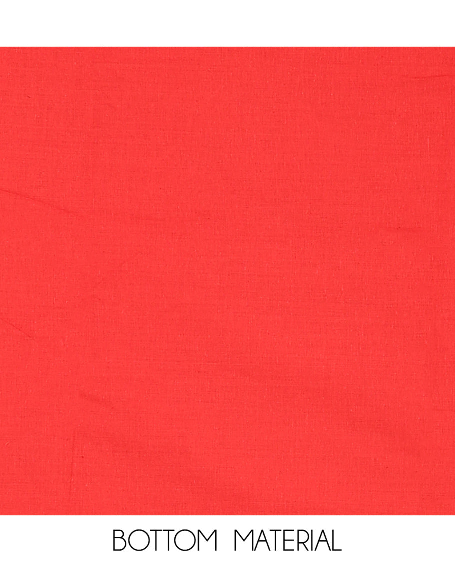 Cream-Red Cotton Material Chudidar Features Kalamkari Ancient Humans Printed Top, Contrast Bottom, Kalamkari Dupatta