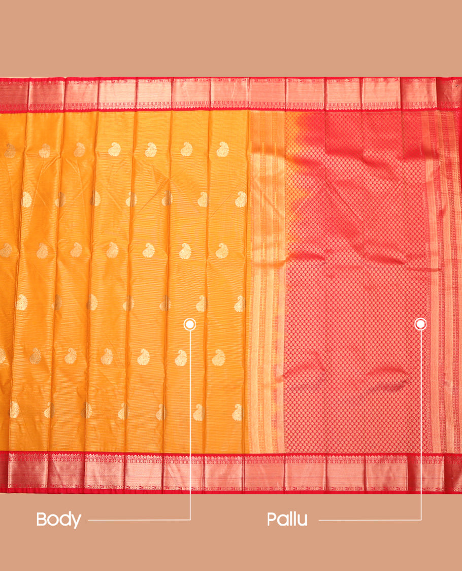 Orange Budget Silk Saree, Subtly Sparkled with Zari Buttas and Stripes, Complemented by Contrast Traditional Zari Border, Grand Pallu, and a Contrast Blouse