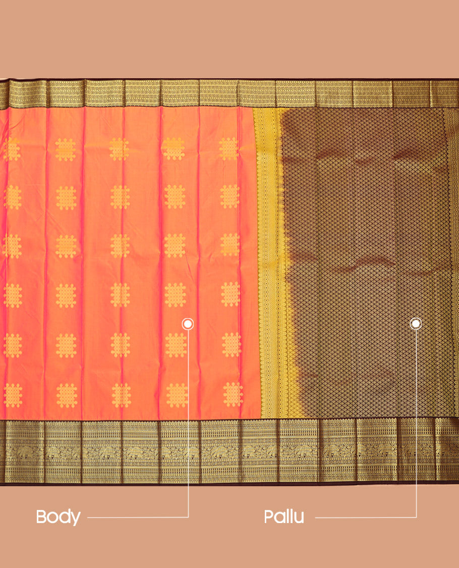 Orange Budget Silk Saree, Elevated with Kolam Buttas, Complemented by a Contrast Traditional Zari Border, Grand Pallu, and a Contrast Blouse