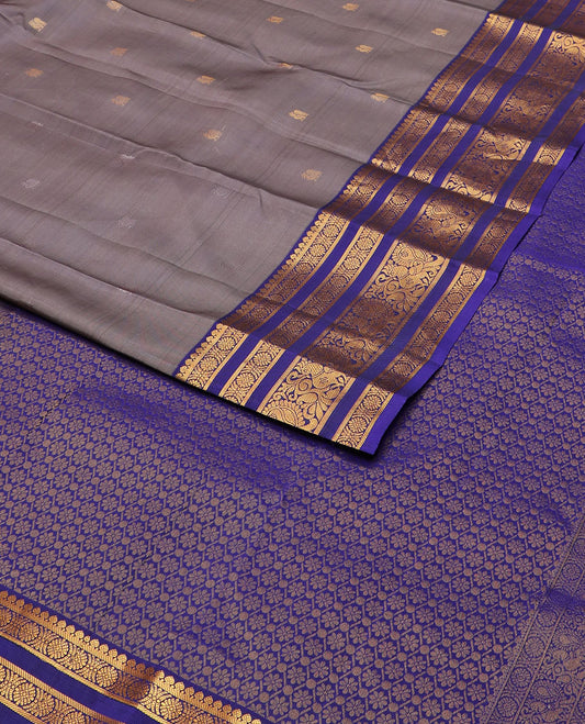 Grey mayil zari buttas vasundhara silk mix saree, contrast jaal pallu & border of laddu kamalam,banaras & mayil designs