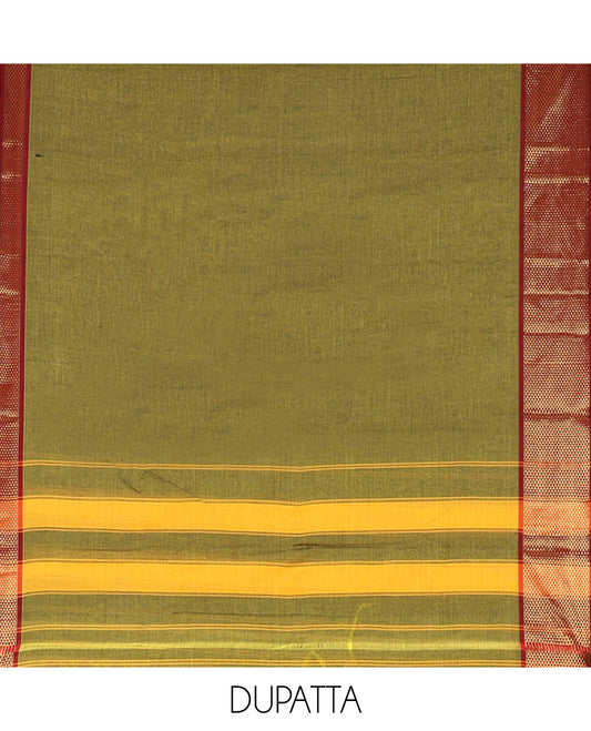Green Mercerised Cotton Material Churidar Set, Subtly Made with Plain and Traditional Ara Maadam Bordered Top, Comes with a Plain Mercerised Cotton Bottom, and Is Paired with a Mercerised Cotton Ara Maadam Woven Dupatta