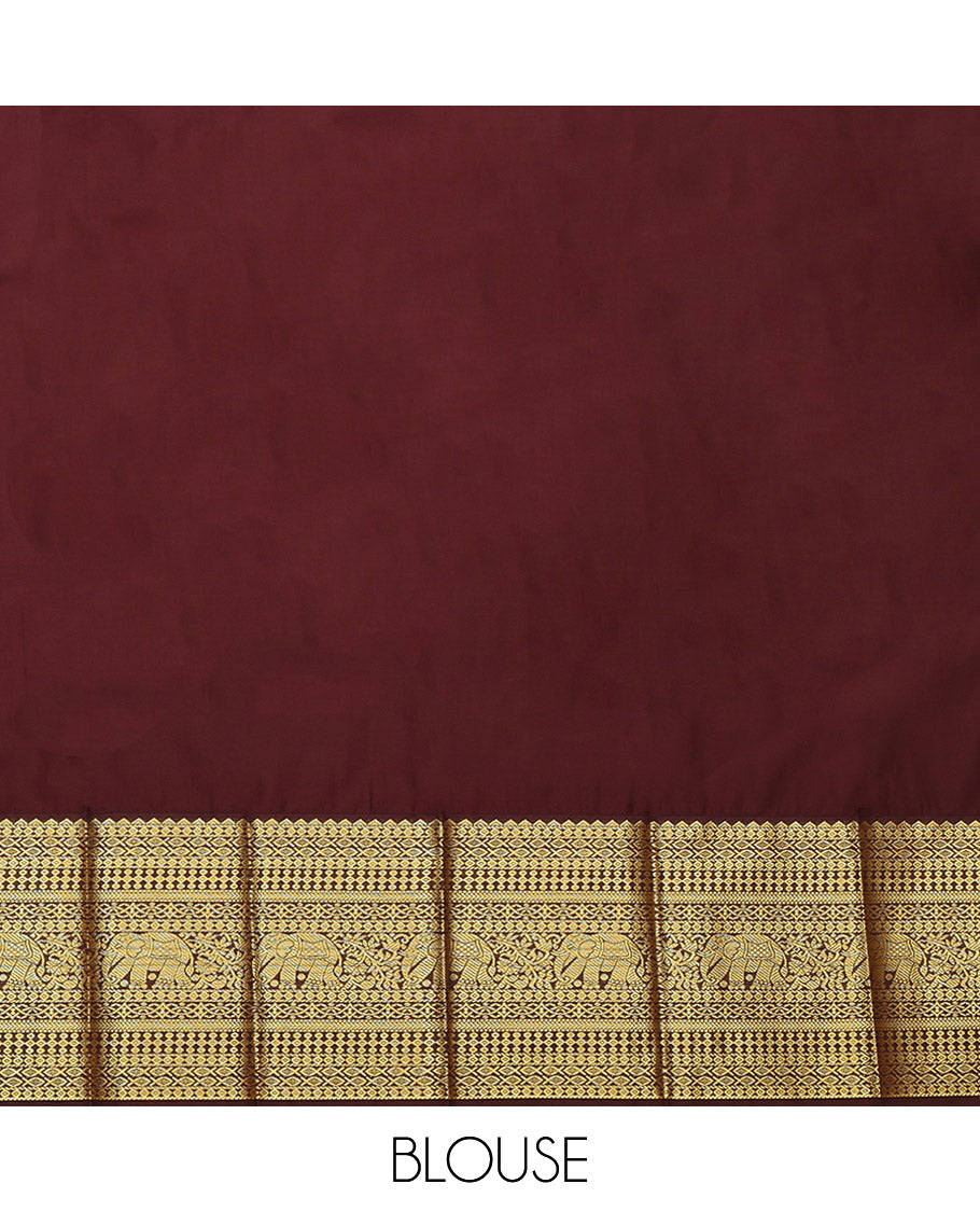 Orange Budget Silk Saree, Elevated with Kolam Buttas, Complemented by a Contrast Traditional Zari Border, Grand Pallu, and a Contrast Blouse