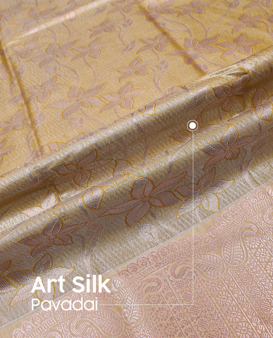Sandal art silk pavadai material set, floral jaal jacquard pavadai, jaal design blouse & traditional zari border