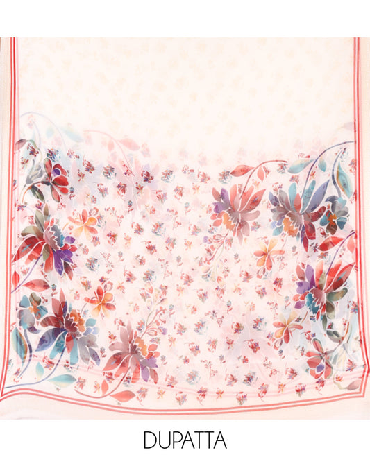 Cream Italian Crepe Material Chudidar Set, Features Floral Motifs Top, a Plain Bottom, and Paired with a Kaleidoscopic-Colored, Floral-Printed Georgette Dupatta