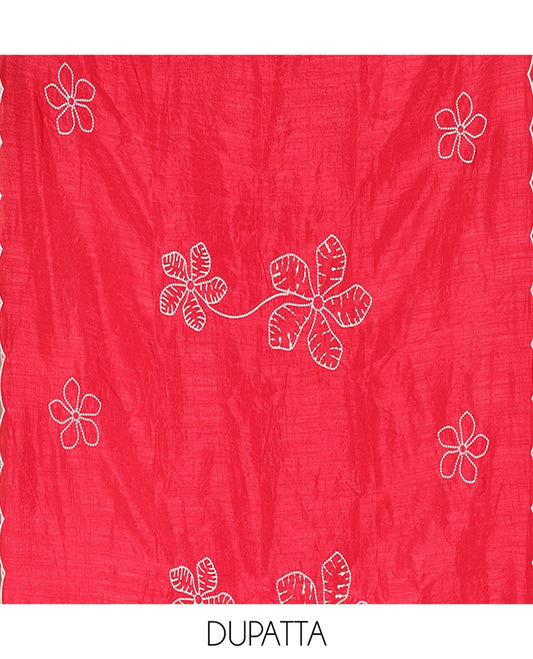 Red Material Chudidar Set, Delicately Woven with Floral Thread Embroidered Mul Chanderi Top, a Mul Chanderi Bottom, Paired with Floral Thread-Embroidered Mul Chanderi Dupatta